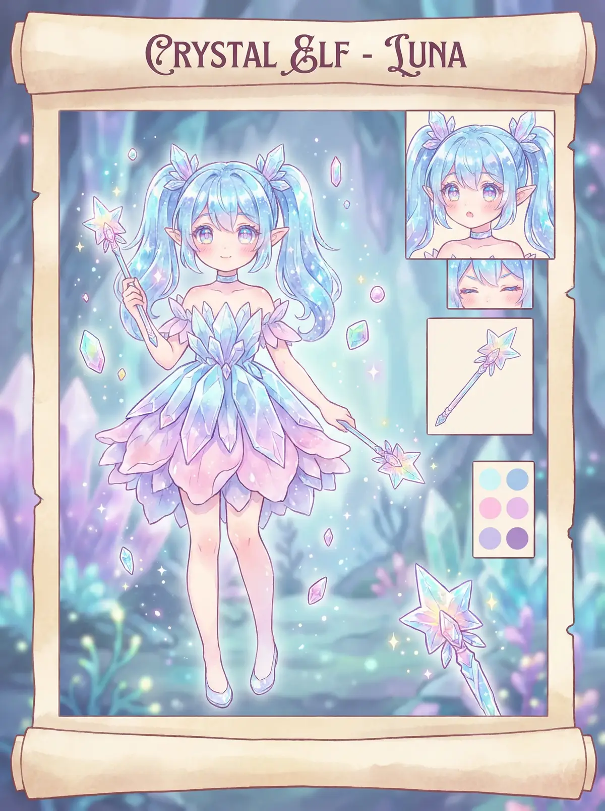 萝莉岛 角色 - 水晶精灵露娜角色设定图，蓝色水晶发饰与星光魔杖