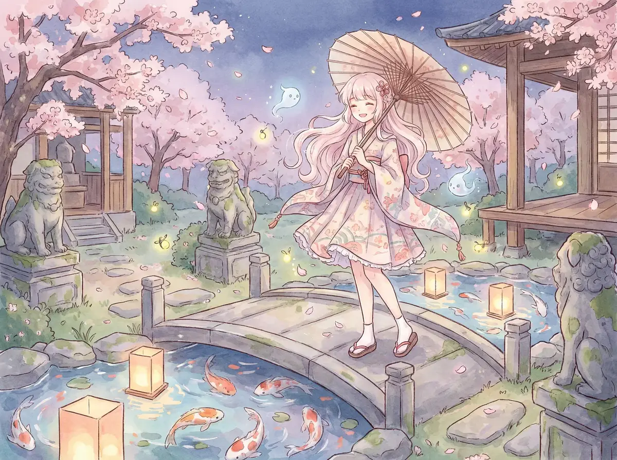 萝莉岛 精选 - 樱花庭院中撑着纸伞的粉发和风少女