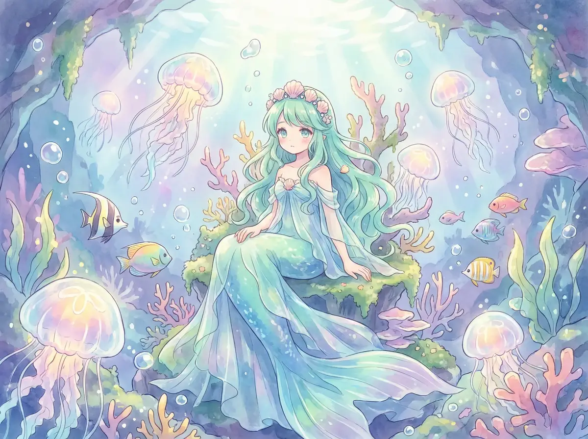 萝莉岛 童话 - 海底珊瑚宫殿中的翠发人鱼少女