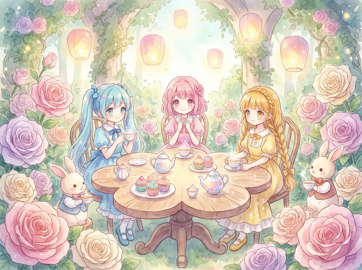 萝莉岛 故事插画 - 玫瑰花园中三位少女围坐花桌享用下午茶