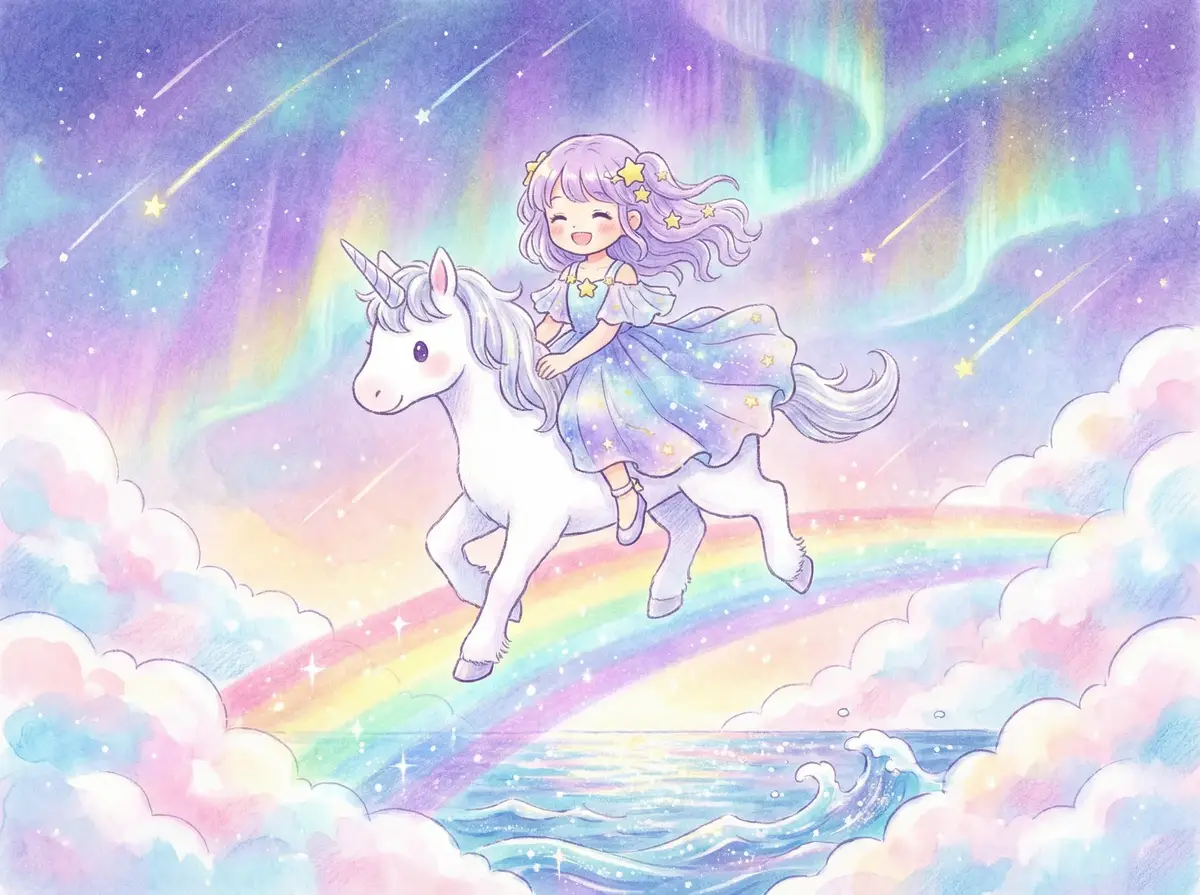 萝莉岛 故事插画 - 紫发少女骑着白色独角兽飞越彩虹桥与极光星空