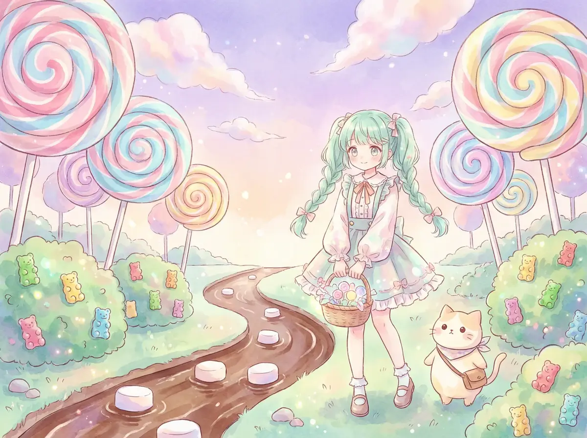 萝莉岛 童话 - 糖果森林中提着花篮的绿发少女与猫咪