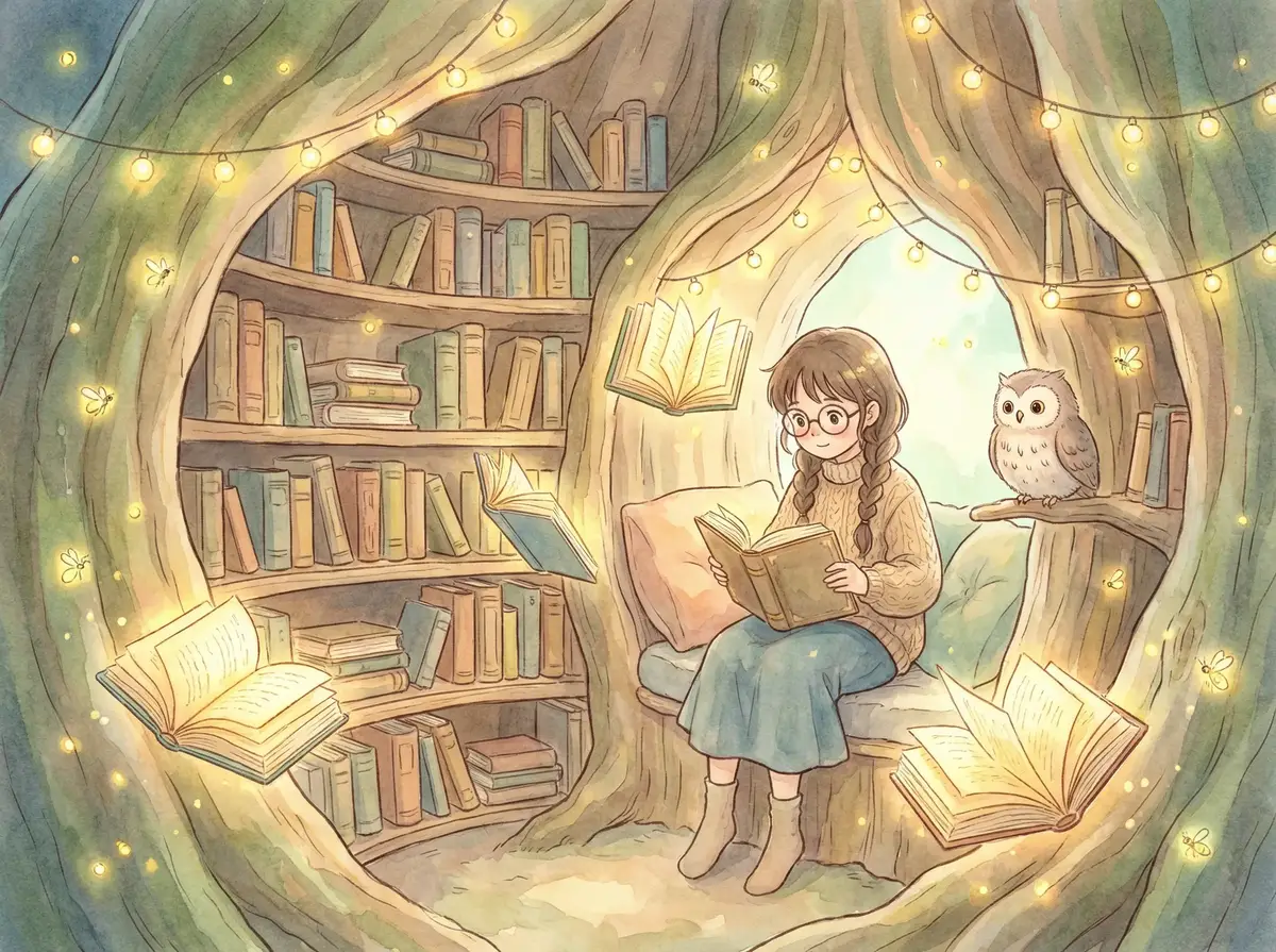 萝莉岛 故事插画 - 大树图书馆中阅读的眼镜少女与猫头鹰伙伴